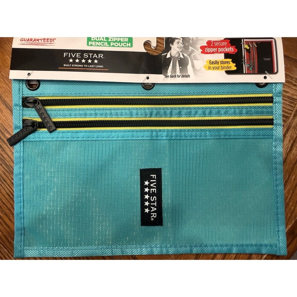 Five Star Dual Zipper Pencil Pouch 3 Ring Binder Aqua Blue Turquoise NEW